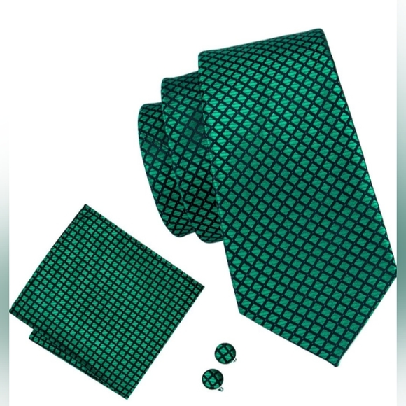 Emerald Green Mens Necktie Cufflinks Hanky Set Woven - Picture 1 of 3